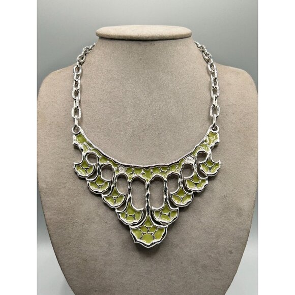 Vintage Signed JOMAZ Necklace Silver Tone & Green Enamel Statement Abstract Bib - Picture 3 of 13